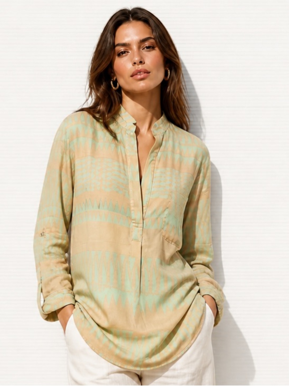 LUMIERE Anthropologie Tunic V Neck Sheer High Low Green Orange Button Popover